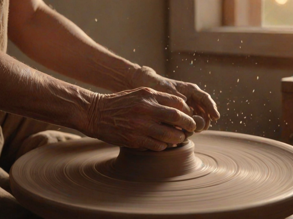 Warmly lit close-up of a potter's hands shaping clay on a spinning wheel, tiny flecks of clay flying through the air, with the soft glow of sunset streaming through a nearby window.