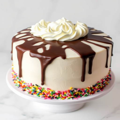 Create an image of a round cake with white frosting topped with chocolate ganache drips and a decorative border of whipped cream on top. The sides of the cake should be covered in a colorful assortment of sprinkles, and it should be placed on a white cake stand against a light marble background.
