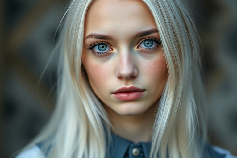 portrait of a young woman with long white hair and striking blue eyes, wearing a collar with a soft focus background, taken with a Canon EOS R5, 50mm lens, f/1.8 aperture, ISO 100, natural lighting, high dynamic range, shallow depth of field