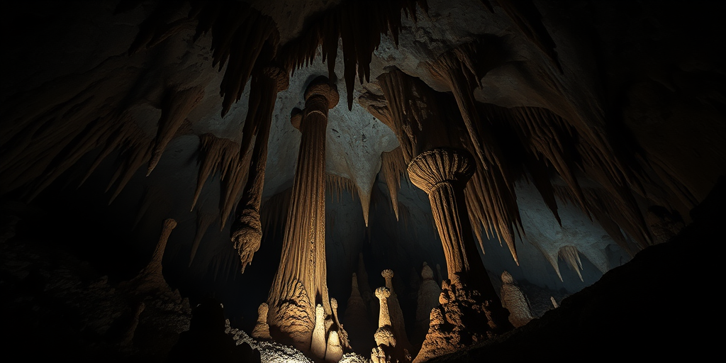 Capture a dimly lit cave interior showcasing intricate stalactites and stalagmites, using a Canon EOS 5D Mark IV, with a 24-70mm f/2.8 lens, aperture set to f/8, ISO 400, and a shutter speed of 1/30 sec for sharp detail and rich textures.