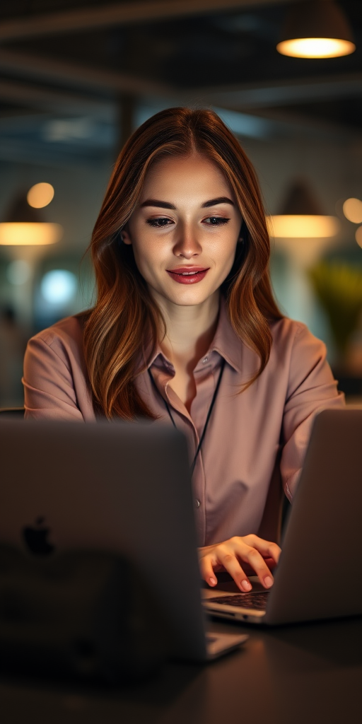 professional young woman working on laptop in modern office at night, warm ambient lighting, f/1.8 aperture, ISO 200, 85mm lens, shallow depth of field, soft focus background