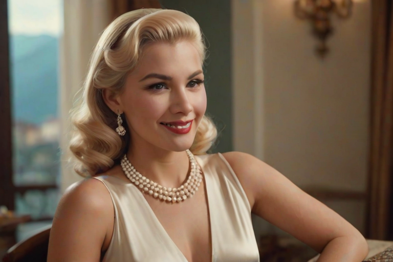 A beautiful Inca woman reminiscent of 1950s Hollywood glamour, with perfectly styled blonde hair and a seductive smile, dressed in a satin blouse and adorned with pearls, soft and warm tones, photorealistic, 8K