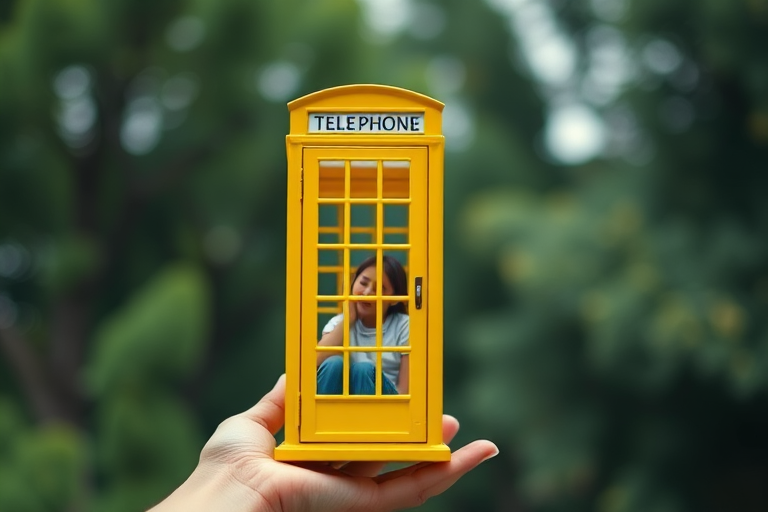 Create an image of a person sitting inside a giant yellow phone booth held in a hand, with a blurred green background, use a DSLR camera with a 50mm lens, aperture f/1.8, shutter speed 1/200s, ISO 100 for enhanced depth of field.