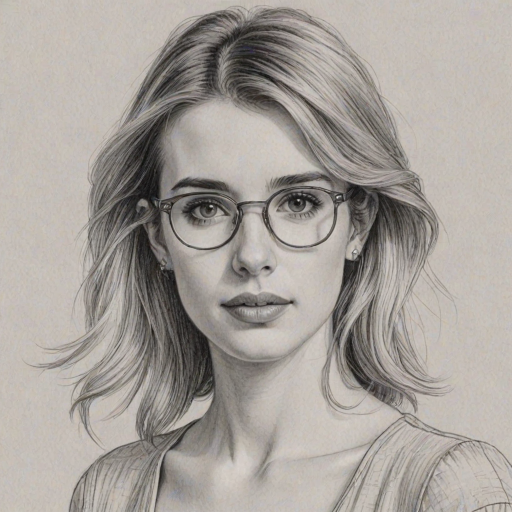 Appealing Emma Roberts, pencil sketch, portrait of Captivating woman 1977s in glasses, hair style beatnik, outline, clear lines, fine lines, 8k