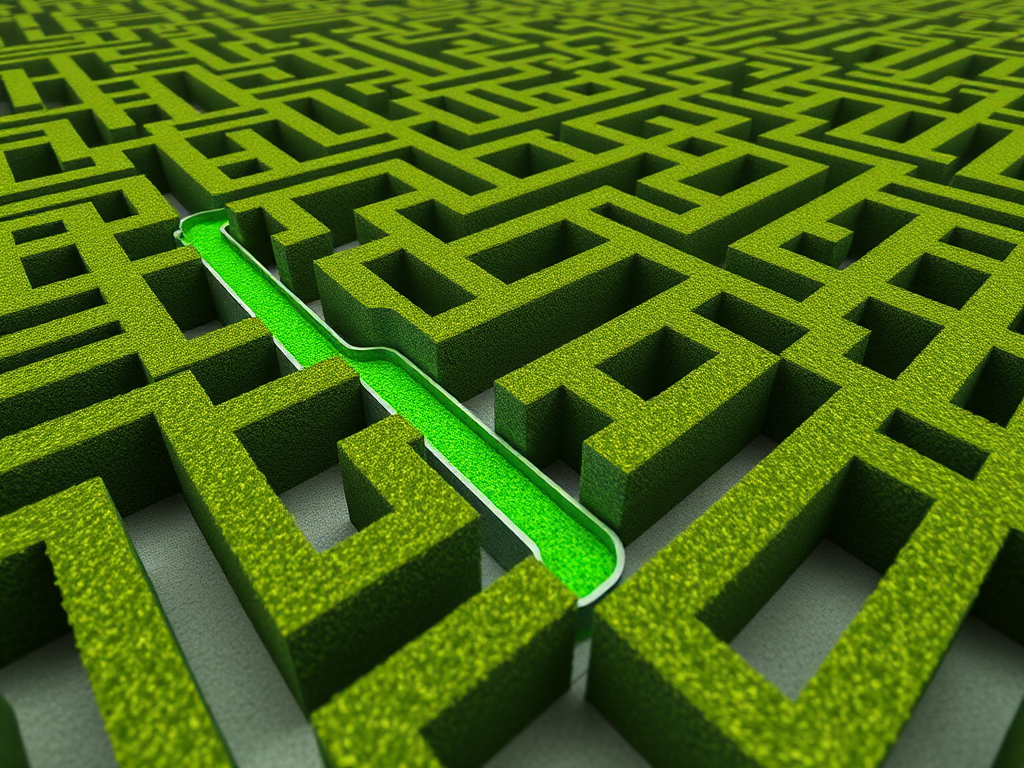 3D rendering of a complex maze with prominent green pathways, camera settings: f/11, ISO 100, 1/125s, camera view: wide-angle, camera style: high-definition, camera type: DSLR.