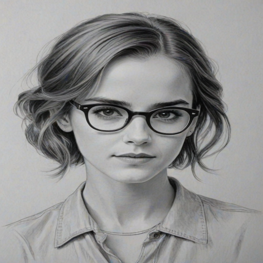 Wonderful Emma Watson, pencil sketch, portrait of Elegant woman 1951s in glasses, hair style beatnik, outline, clear lines, fine lines, 8k