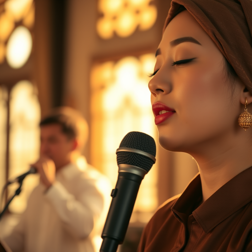 A close-up portrait of a asian woman with her eyes closed, singing into a microphone, positioned on the right side of the frame, facing the viewer. She is wearing a brown headscarf, gold earrings, and a brown blouse, and is bathed in warm, golden light emanating from the windows behind her. A blurred figure of a man singing into a microphone is visible in the background. The scene has a sense of calm and spirituality.