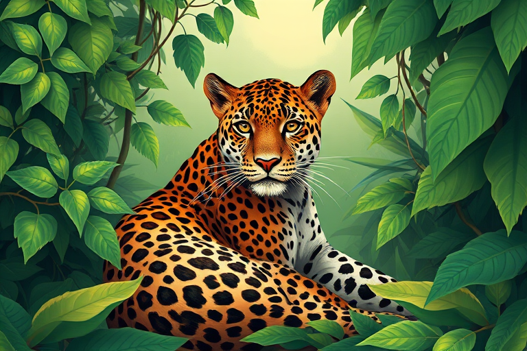 Create an illustration of a leopard sitting gracefully amidst lush green vines and tropical leaves, using a vibrant color palette, with a focus on detailed patterns of the leopard's fur, high-resolution digital art style, with a 50mm lens, f/2.8 aperture, natural light to enhance colors and texture.