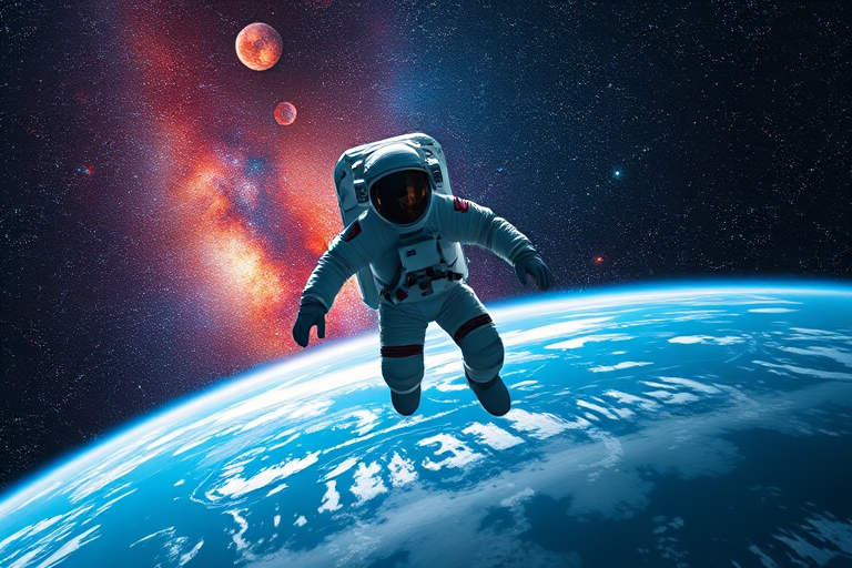 Create a high-quality digital image of an astronaut floating in space above Earth with a vibrant galaxy in the background, using a DSLR camera, 50mm lens, f/1.8 aperture, ISO 100, shutter speed 1/500s, in a wide-angle view and high-resolution rendering style.
