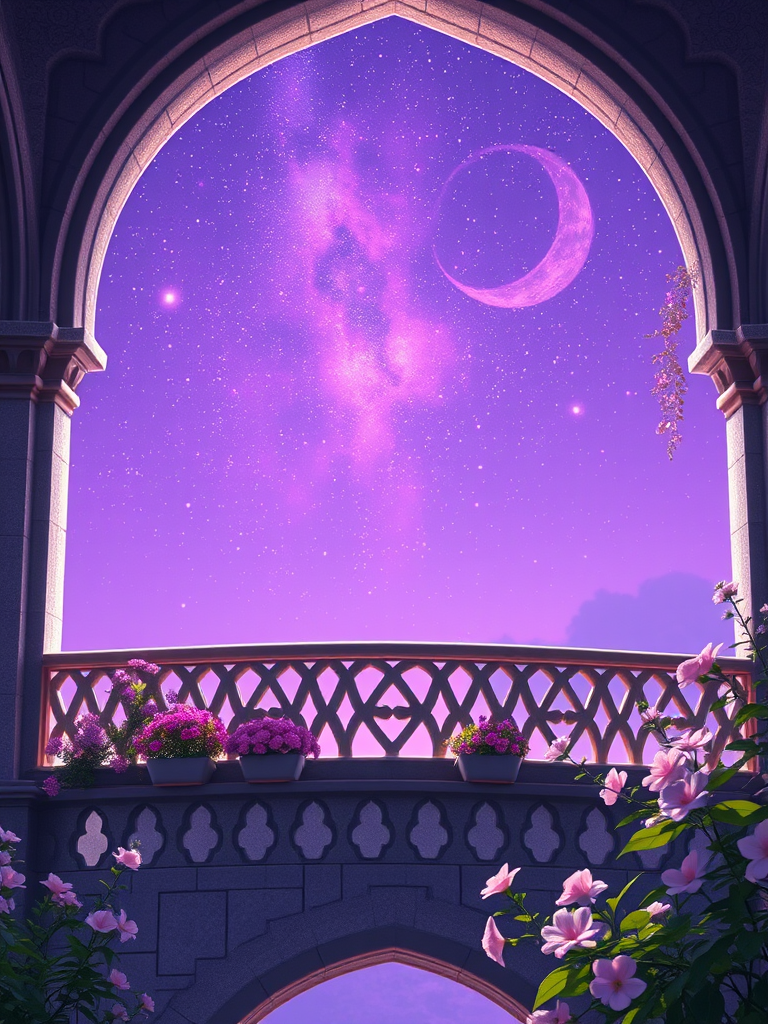 create a mystical castle balcony scene overlooking a starry purple sky with intricate arches and blooming flowers with soft lighting, camera settings f/2.8, ISO 100, shutter speed 1/60s, wide-angle view, digital art style, high-resolution quality