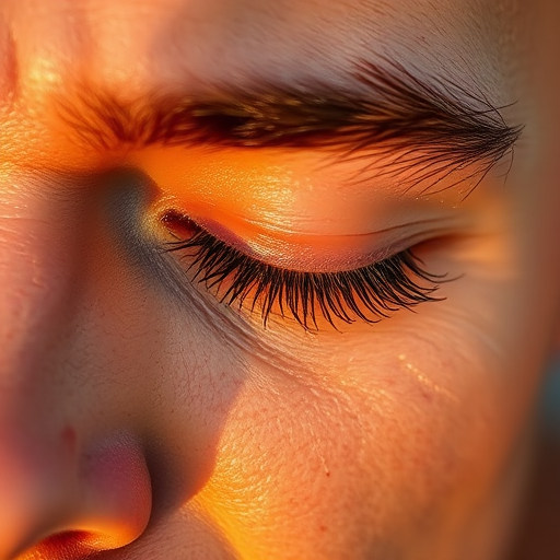 close-up of a man's face focusing on closed eyes and long eyelashes with soft warm lighting and textured skin detail