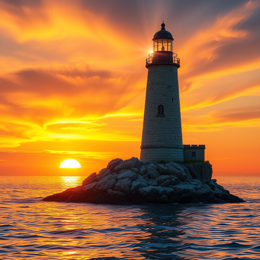 Generate an image of a tall lighthouse perched on a rocky outcrop surrounded by calm ocean waters during a breathtaking sunset. The lighthouse stands sturdy and weathered, its stone surface illuminated by the warm golden light of the setting sun. The sun's rays pass directly through the glass lantern room at the top of the lighthouse, casting a brilliant light across the scene. The sky is painted with vibrant shades of orange, pink, and purple, reflecting off the tranquil sea. The surrounding water shimmers with the same warm hues, creating a serene and majestic atmosphere.