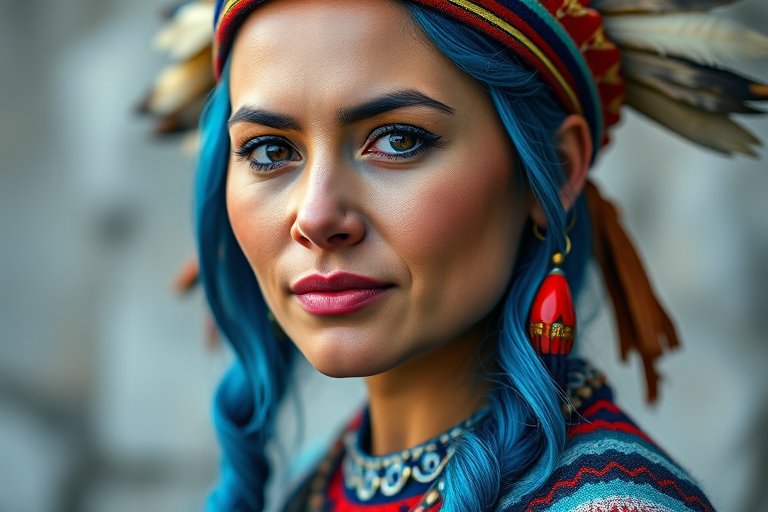 Generate a high-resolution portrait of a woman with vibrant blue hair and traditional Native American attire, using a Canon EOS R5 camera, 50mm lens, f/1.8 aperture, ISO 100, natural lighting, portrait orientation, with a soft focus background to enhance subject clarity and detail.