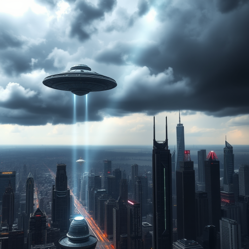 A futuristic city skyline under a stormy sky with large alien spaceships hovering and beams of light projecting down onto the city, captured with a Canon EOS R5, 24mm lens, f/2.8 aperture, ISO 100, 1/125 sec exposure, in HDR photography style to enhance dynamic range and detail.