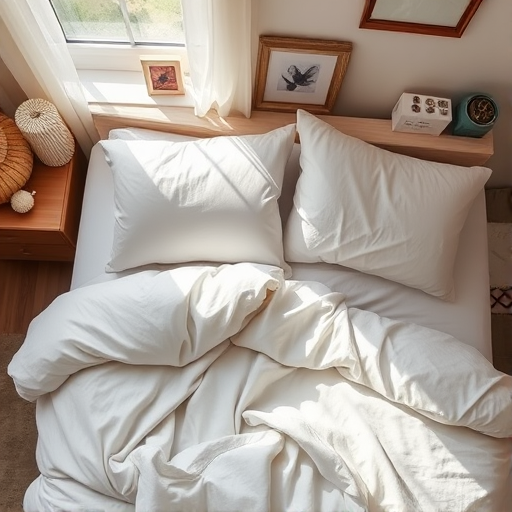a cozy bedroom with a neatly made bed featuring white linens and plush pillows, soft natural light streaming through a window, emphasizing the textures of the bedding, camera settings: f/2.8 aperture, 1/60 sec shutter speed, ISO 200, camera view: top-down view capturing the bed and surrounding decor, camera style: minimalistic and clean, camera type: DSLR with a 50mm lens