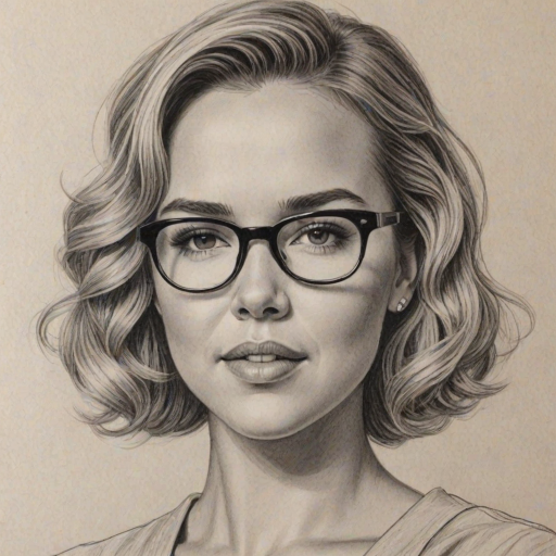 Charming Arielle Kebbel, pencil sketch, portrait of Wonderful woman 1946s in glasses, hair style beatnik, outline, clear lines, fine lines, 8k