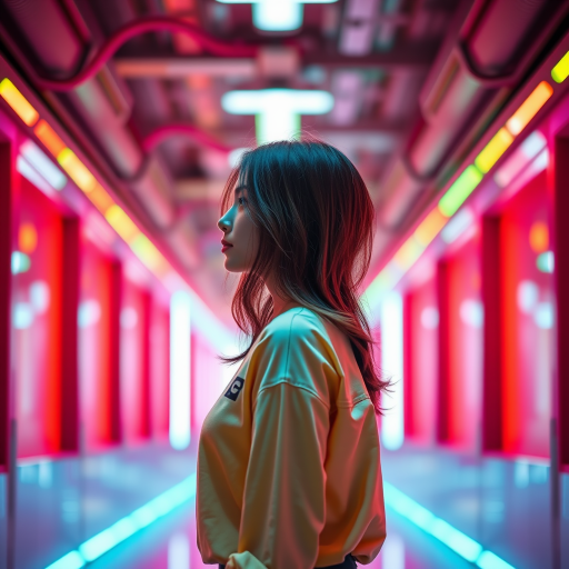 Generate an image of a young woman in profile standing in a colorful, futuristic corridor with neon lights, using a DSLR camera with a 50mm lens, aperture f/1.8, ISO 100, and a shallow depth of field for a soft background blur.