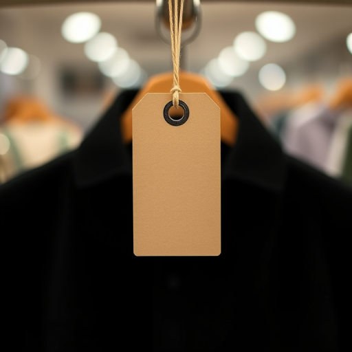 Create a high-resolution image of a blank beige price tag with a hole at the top, using a DSLR camera with a 50mm lens, aperture set to f/2.8, ISO 100, and a shallow depth of field for enhanced focus on the tag, shot in a well-lit studio setting.