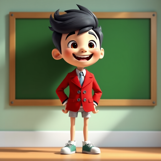 Create an image of an animated character in a red blazer standing next to a green chalkboard, with a bright, cheerful expression, using a digital art style, with a resolution of 1920x1080, soft lighting, and depth of field effects.