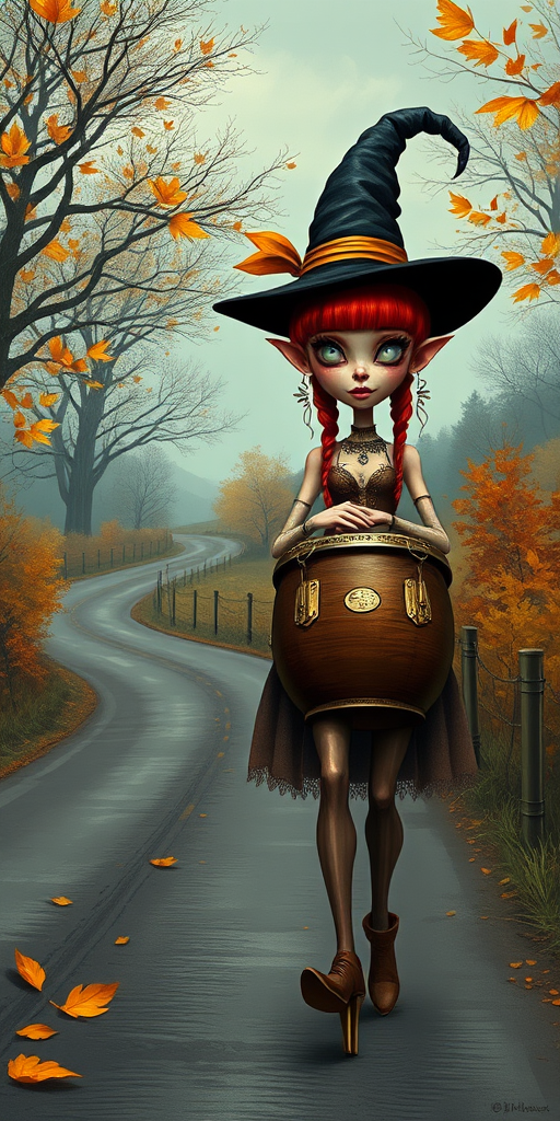 digital art fantasy depicting a strange girl with red hair, long eyelashes, Yellow lipstick and a tall hat walking along a winding road on an autumn afternoon, an Bongo smiles as she passes