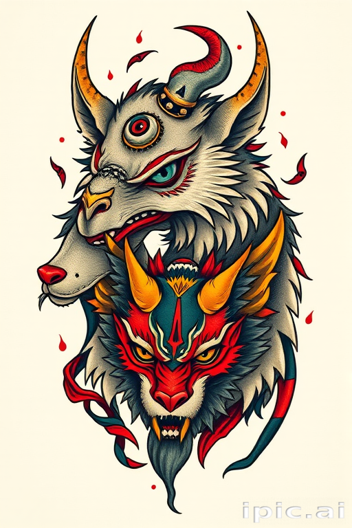 Neo-traditional tattoo titled "Mythic Menagerie" featuring stylized animal portraits with bold outlines and saturated colors, incorporating elements of folklore and mythology with a modern twist on classic tattoo imagery