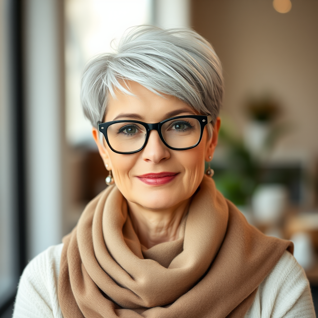 Portrait of a mature woman with short silver hair, styled in an asymmetrical pixie cut with side bangs. She wears black-framed glasses and a beige blouse with a white cardigan over it, as well as a bulky scarf in neutral tones. The woman is indoors with soft lighting and a blur in the background. Her expression is serene and confident, highlighting her elegance and modern style.