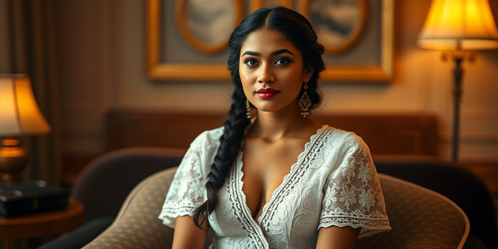 Create a portrait of a refined and elegant Nepali woman seated in a sophisticated setting. She has long, wavy hair styled in two thick braids that are pulled over her shoulders. She wears a white, lace gown with intricate patterns, featuring a deep V-neckline and short sleeves. The dress exudes a vintage charm with its delicate lacework. She is adorned with ornate, dangling earrings that add a touch of glamour to her appearance. The background is softly lit, with warm, ambient lighting that creates a cozy and inviting atmosphere. Her expression is poised and serene, capturing a sense of grace and elegance.