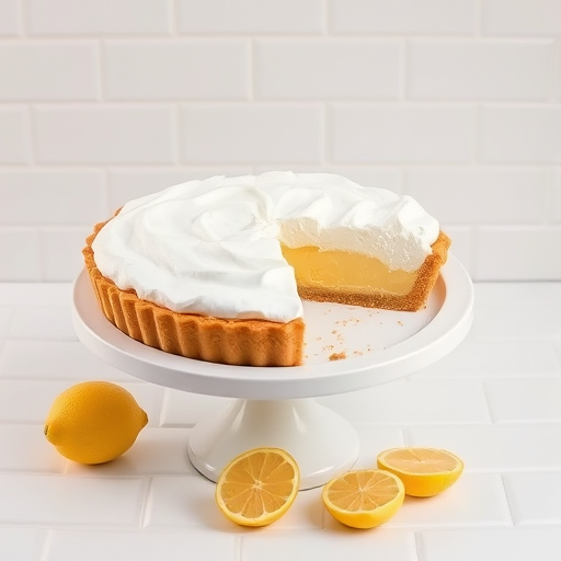 A lemon meringue pie on a white cake stand with a slice being served a few pieces of lemon around the pie the background is a simple white tile pattern