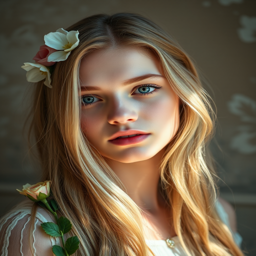 Create a portrait of a serene young woman with long, flowing blonde hair adorned with flowers, soft natural lighting, using a Canon EOS R5 with a 50mm f/1.2 lens, set at ISO 100, aperture f/1.2, shutter speed 1/200s, in a painterly style with a textured background.