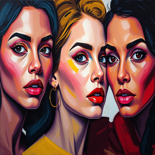 Create a vibrant oil painting featuring three women with expressive faces, using bold colors and strong brushstrokes, shot with a Canon EOS R5, 50mm lens, f/1.8, ISO 100, in a soft diffused light setting.