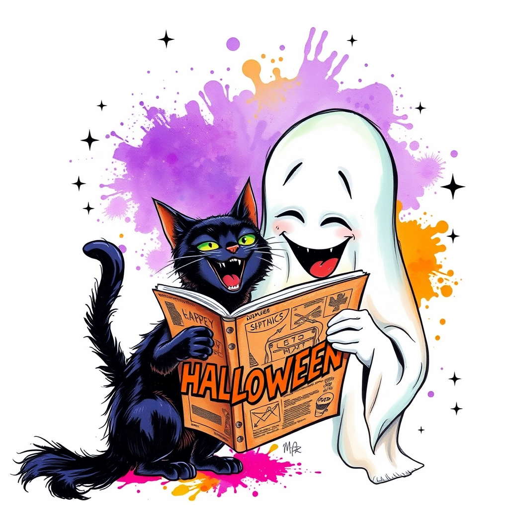 Image of a ghost and a black cat laughing exaggeratedly , and reading a comic halloween comic book, alcohol ink airbrush style, funny halloween theme, white background with neon purple, neon orange, neon green splash, black sparkles stars , dazzling BG