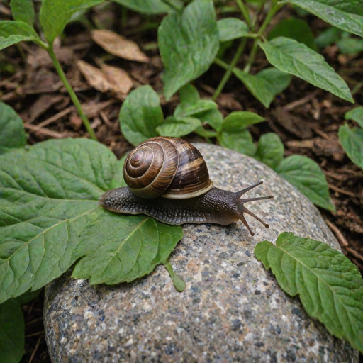a close-up of a snail on a stone surrounded by green leaves in a natural setting