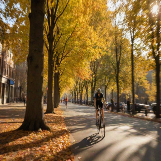Blurry, fast-paced image of a cyclist speeding down a tree-lined street, autumn leaves swirling in the air, soft sunlight filtering through the trees, shadows stretching across the pavement, pedestrians glancing as the cyclist passes by.