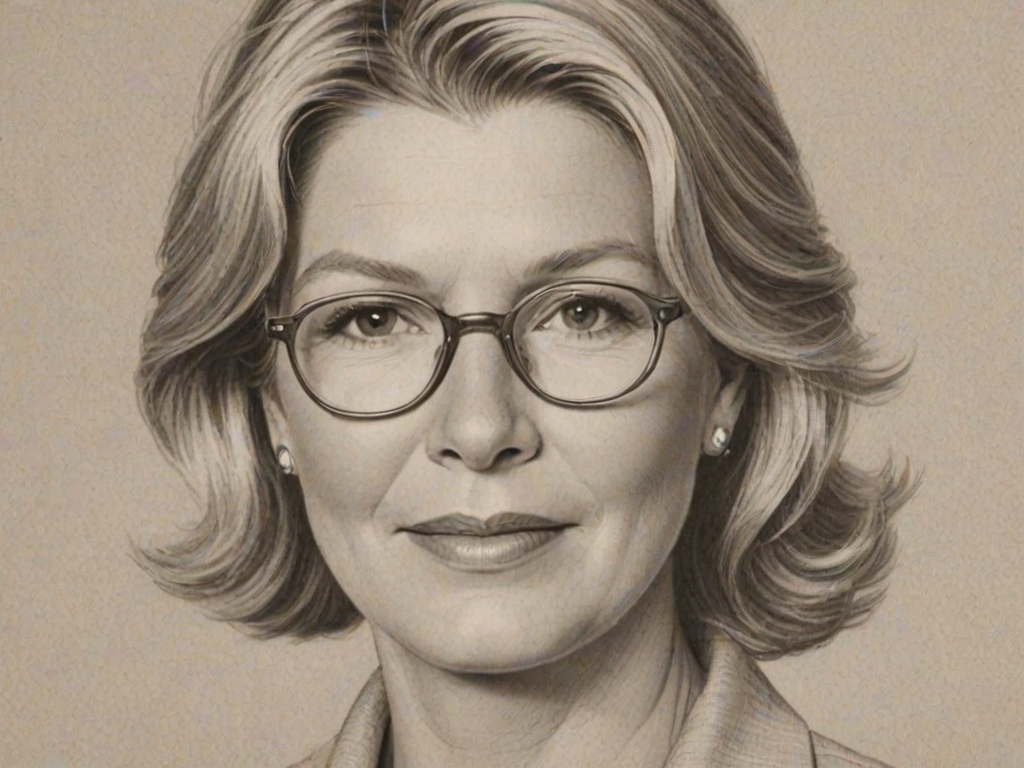 Gorgeous Martha Stewart, pencil sketch, portrait of Superb woman 1947s in glasses, hair style beatnik, outline, clear lines, fine lines, 8k