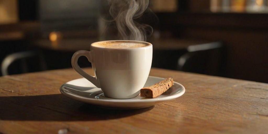 Warmly lit, close-up photo of a steaming cup of espresso on a rustic wooden table, soft sunlight reflecting off the dark liquid, with a small biscotti resting on the saucer and blurred background of a cozy  cafe.