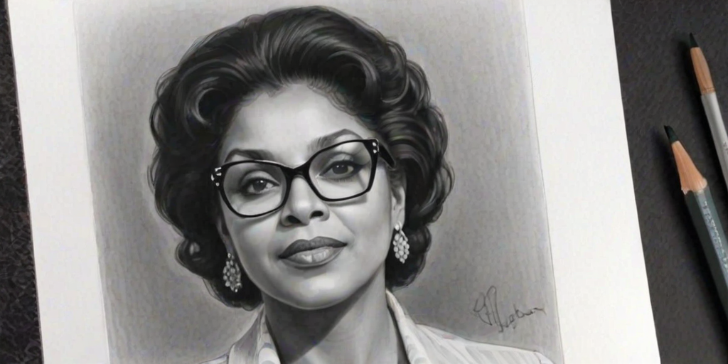 Exquisite Phylicia Rashad, pencil sketch, portrait of Stunning woman 1945s in glasses, hair style beatnik, outline, clear lines, fine lines, 8k