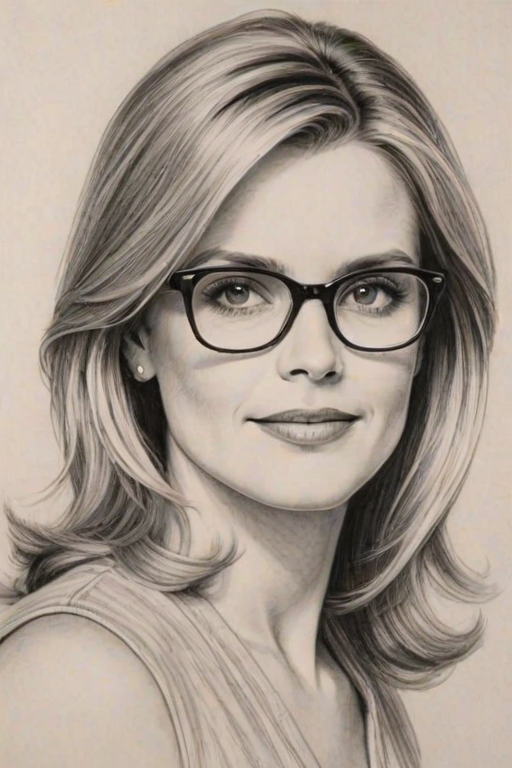 Resplendent Courtney Thorne-Smith, pencil sketch, portrait of Sublime woman 1956s in glasses, hair style beatnik, outline, clear lines, fine lines, 8k