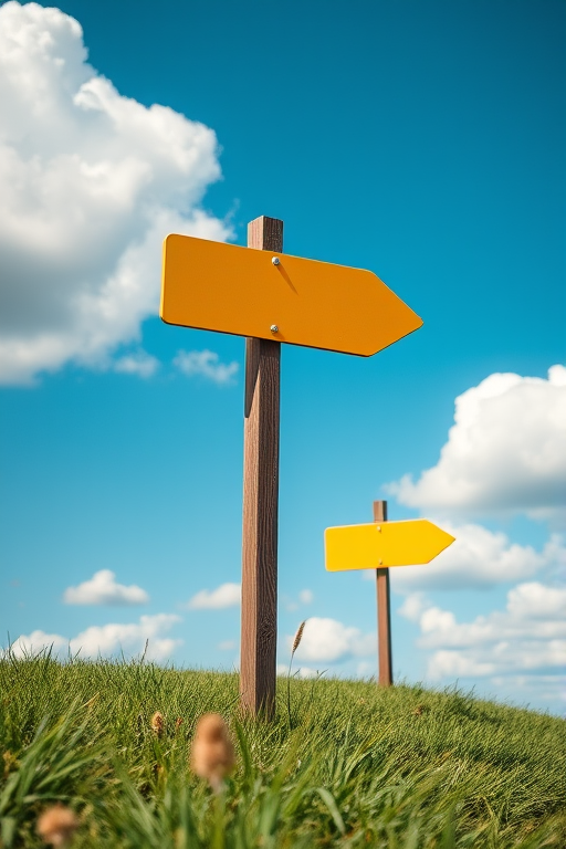 Create an image of two empty yellow directional signs on wooden posts in a green grassy field under a clear blue sky with fluffy white clouds, using a DSLR camera with an aperture of f/8, shutter speed of 1/200s, ISO 100, taken from a low angle for depth of field enhancement.