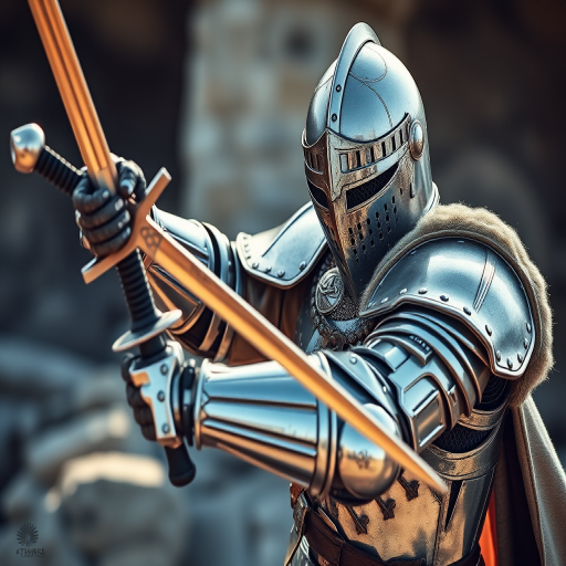 Create a highly detailed image of a knight in full armor wielding a sword, captured in a dynamic pose with a shallow depth of field, using a DSLR camera at 50mm, f/1.8, ISO 100, in natural lighting, with side lighting to enhance texture and detail.