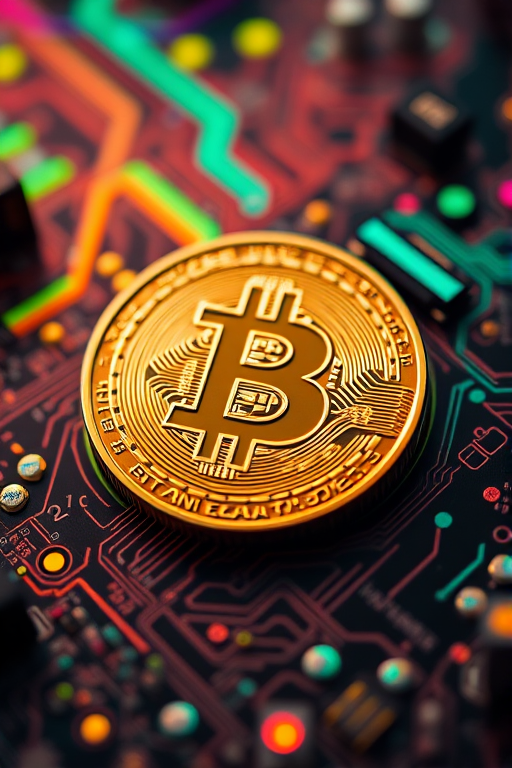 Create a hyper-detailed shot of a Bitcoin in focus, surrounded by a glowing circuit board with vibrant colors, using a DSLR camera with a 50mm f/1.8 lens, aperture set to f/2.8 for a shallow depth of field, ISO 200, and a low-angle view to emphasize the coin and circuitry.