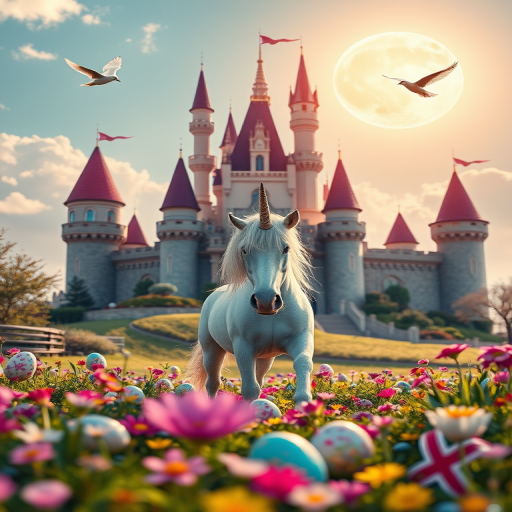 create a whimsical scene featuring a majestic unicorn in front of a fairytale castle, surrounded by colorful flowers and Easter eggs, with two birds flying in the sky and a large sun, shot with a Canon EOS R5 at f/8, ISO 200, 24mm wide-angle lens, high dynamic range, bright and vivid colors, capturing a magical atmosphere.