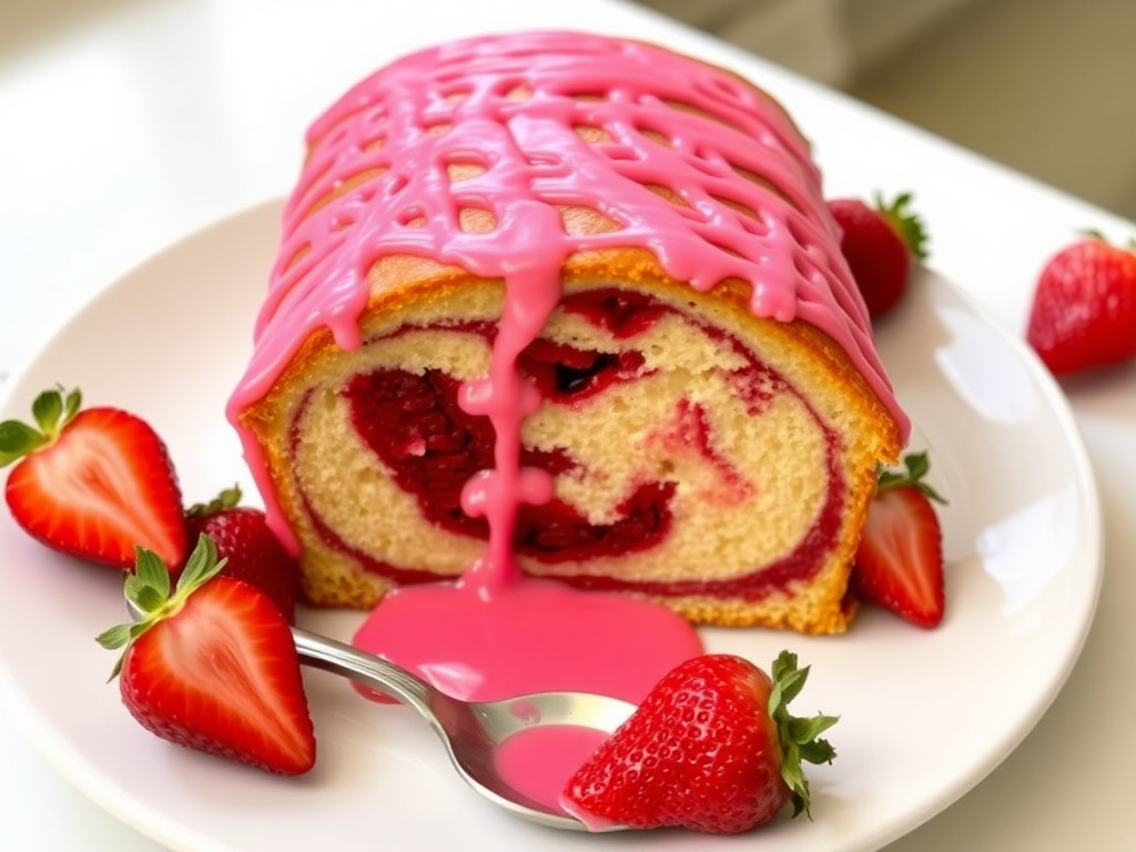 A beautifully decorated loaf cake with a vibrant pink glaze drizzled on top, showcasing a marbled interior with swirls of fruit filling, served on a white plate surrounded by fresh strawberries and a small spoon with pink sauce.