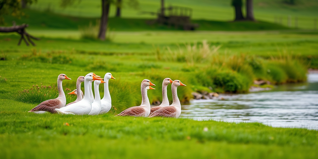 a serene landscape featuring a group of twelve geese gathered near a calming stream, captured with a Canon EOS 90D, 50mm lens, f/5.6 aperture, ISO 200, 1/500 shutter speed, with a soft focus background to highlight the geese in a vibrant green meadow setting