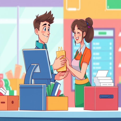Create a digital illustration of a cashier at a register, with a vibrant background, showing the character handing a bag to a customer, include elements like cash, a credit card reader, and a cash drawer, use a bright color scheme, 4k resolution, shot from a slightly high angle, using a digital art style with smooth lines and a modern aesthetic.