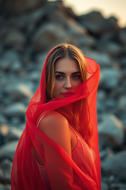 regenerate an image of a woman partially obscured by a translucent red fabric in a rocky landscape, using a Canon EOS R5 with a 50mm f/1.2 lens, aperture set to f/2.8, ISO 100, shot at dusk with soft natural lighting, shallow depth of field to create a dreamy background effect