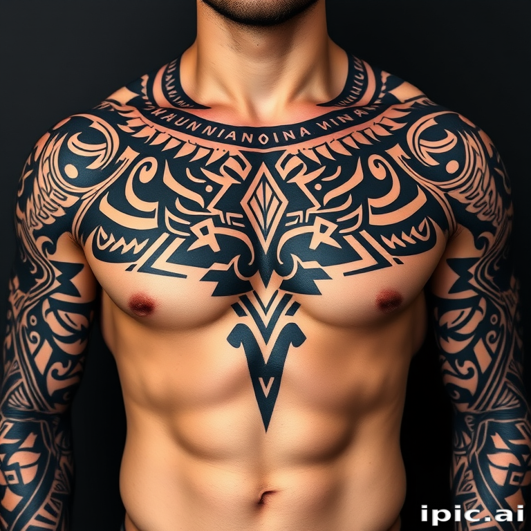Powerful tribal-inspired body tattoo covering the chest and shoulders, featuring geometric Polynesian patterns in deep matte black ink, representing strength and cultural heritage