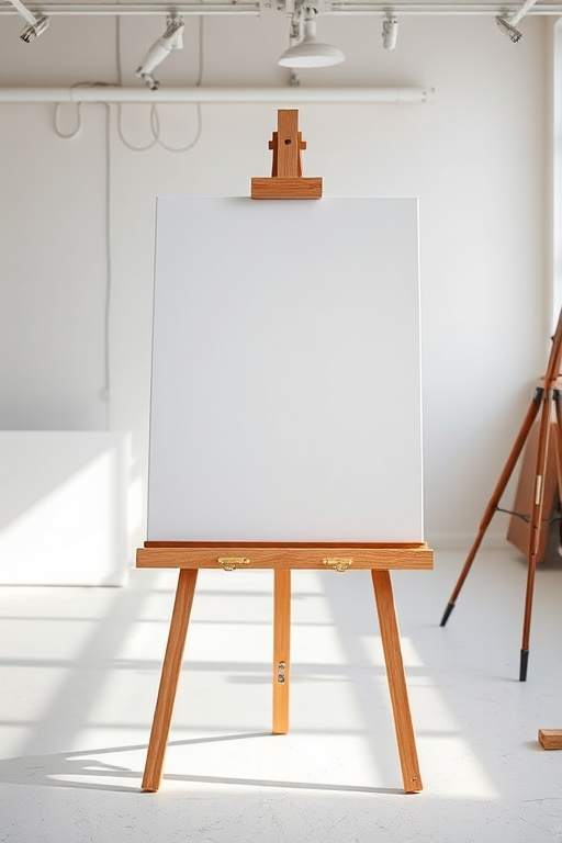 Generate an image of a blank canvas on an easel in a well-lit studio, using a DSLR camera with a 50mm lens at f/2.8, ISO 200, shutter speed 1/125s, taken from a slightly elevated angle.