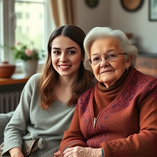 Generate a warm portrait of a young woman and an elderly lady sitting together in a cozy indoor setting, utilizing a Canon EOS R5 camera, with a 50mm f/1.2 lens, aperture set to f/2.8, ISO 100, and a shallow depth of field to create a blurred background, capturing natural light through a window.