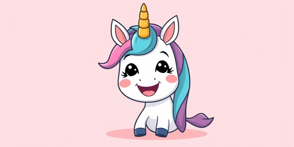 Generate a cute cartoon unicorn character with a joyful expression on a soft pink background, using a DSLR camera with a 50mm lens at f/2.8, ISO 100, and a slight vignette effect for depth.