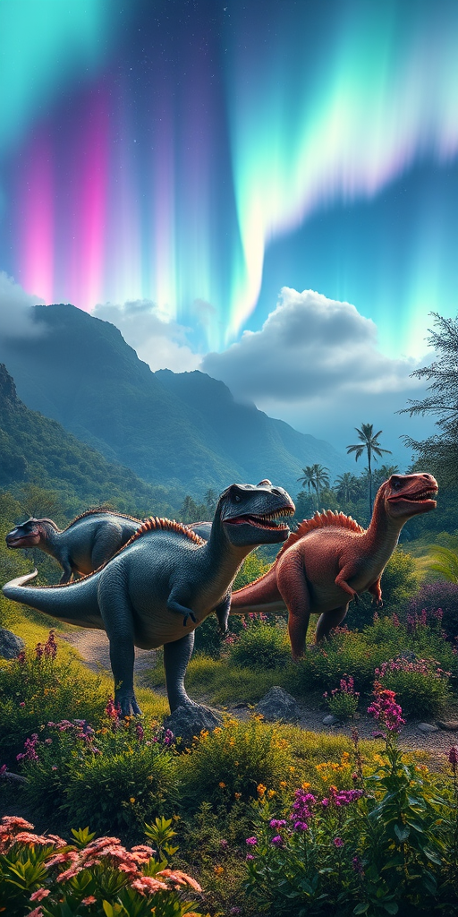 Create a vibrant prehistoric scene featuring dinosaurs in a lush landscape with auroras in the sky, using a DSLR camera at f/8 aperture, ISO 100, 24mm lens, wide-angle perspective, and natural lighting to enhance colors and details.